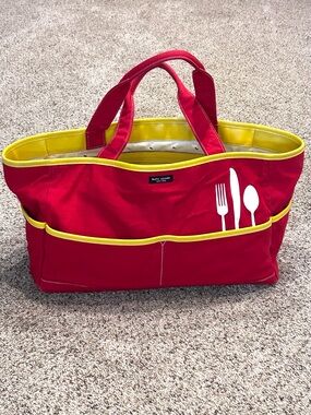 Kate Spade Hobby Picnic Tote Vintage Red Cotton Twill Canvas Yellow Trim Rare